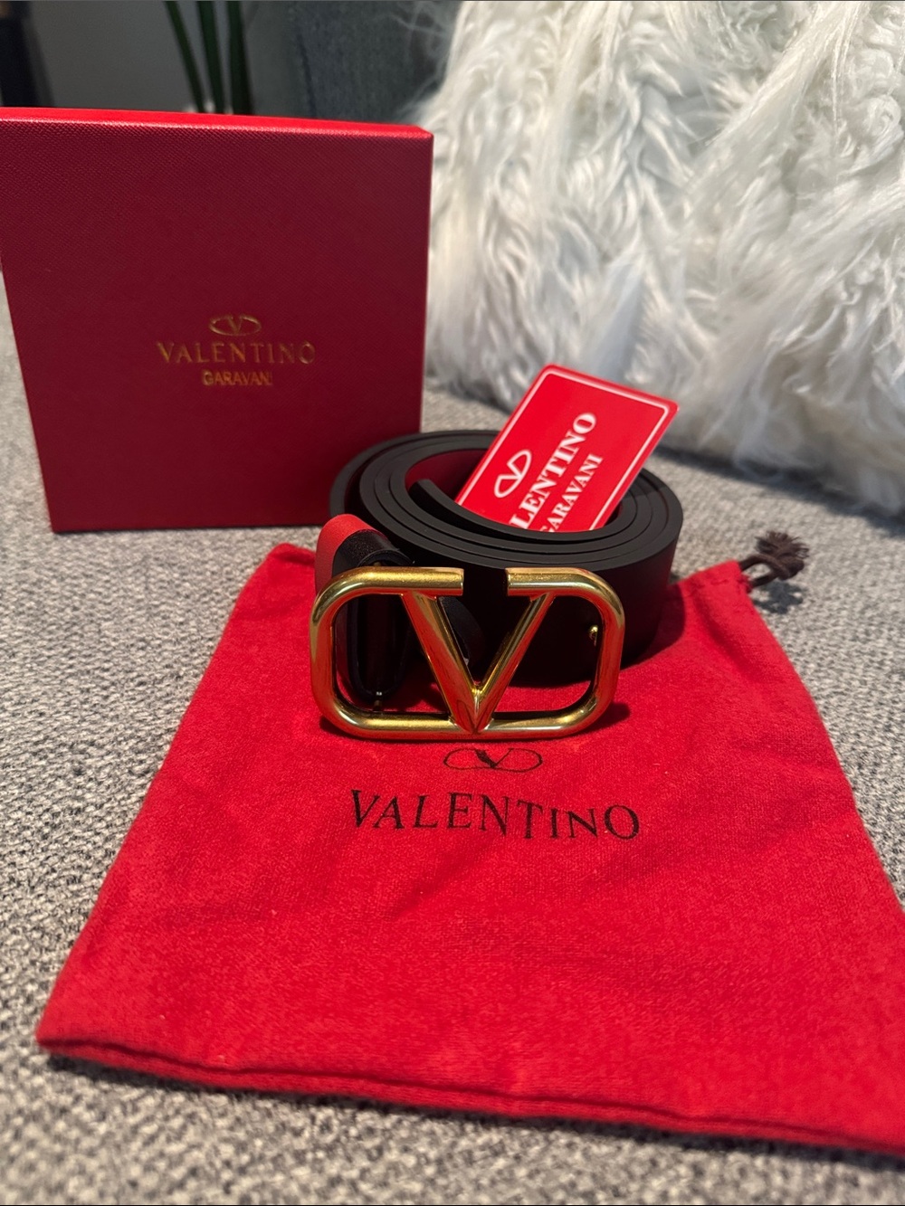 Valentino Garavani Black Belt with Gold V Logo Buckle